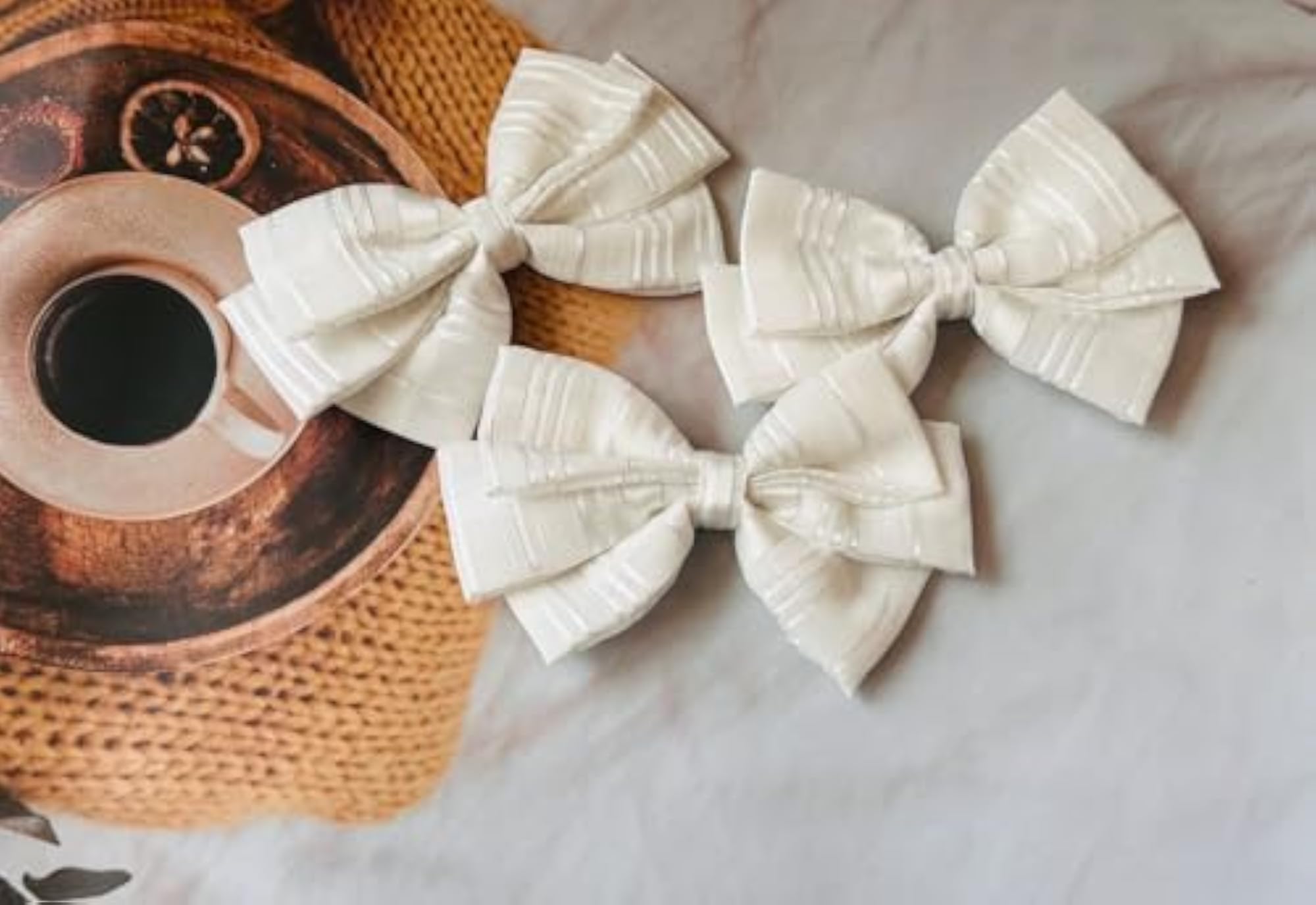 Christmas Special White Silver Stripes Layered Hair Bow, Party Accessory